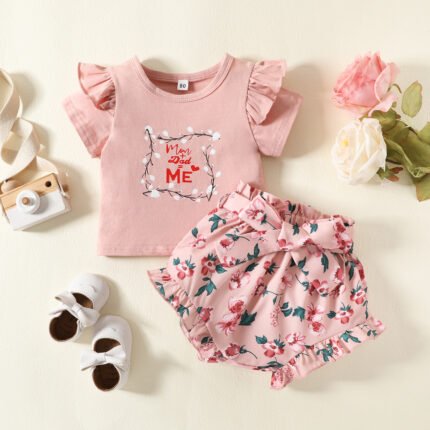 Children's summer cotton kids t-shirt two-piece set girls short sleeve top baby print shorts set