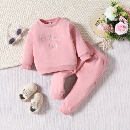 Girls' Hipster Casual Set New Girls Alphabet Long Sleeve Top Solid Color Trousers Set - Image 2