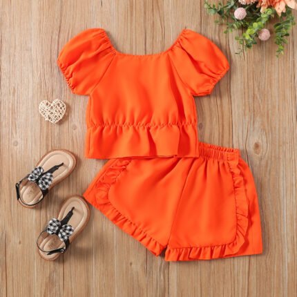 New Girls Suit Summer Fashion Baby Girl Comfortable Foreign Bubble Sleeve Cute Shorts Two-Piece Set - Image 2