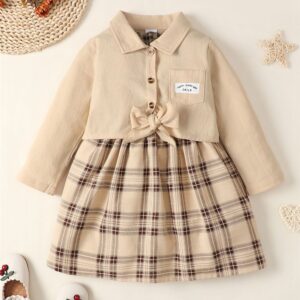 Girls' Spring and Autumn New Version Hit Solid Color Long-Sleeved Top + Two Plaid Printed Dresses - Image 2