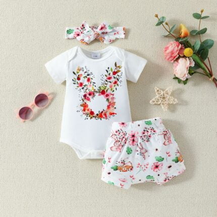 summer new 0-12 months newborn cute flower print home short-sleeved triangle climbing shorts suit