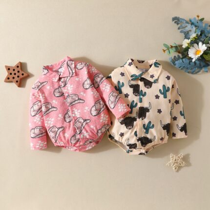 New 0-1 year old baby cartoon print long-sleeved jumpsuit, baby triangle crawling clothes style