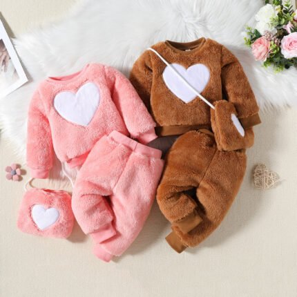 Children's clothing new baby girl two-piece love sweatshirt plush trousers set girls' clothing