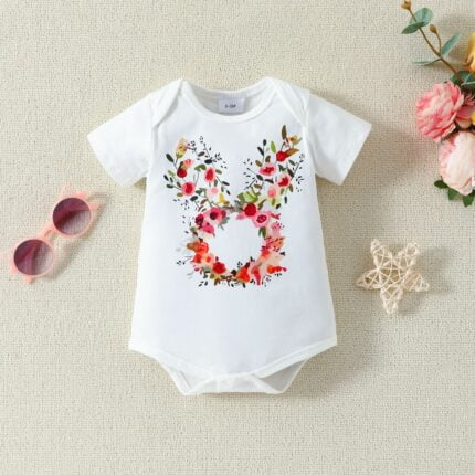 summer new 0-12 months newborn cute flower print home short-sleeved triangle climbing shorts suit - Image 5