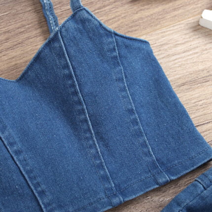 Cross-border Infant Girls Sling Activity Buckle + Trousers Washed Denim Two-piece Set - Image 8