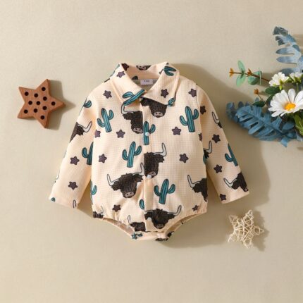 New 0-1 year old baby cartoon print long-sleeved jumpsuit, baby triangle crawling clothes style - Image 3