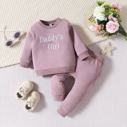Girls' Hipster Casual Set New Girls Alphabet Long Sleeve Top Solid Color Trousers Set - Image 3