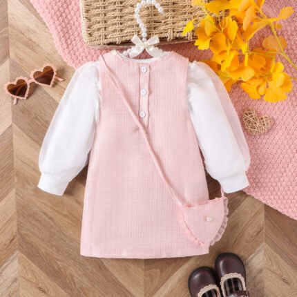 children's clothes, small fragrance, mesh, puff sleeves, base shirt, tweed, lace, vest skirt, shoulder bag, girls' suit - Image 4
