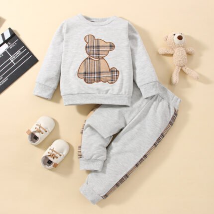 Baby Autumn Bear Printed Pants Sweater Suit - Image 3