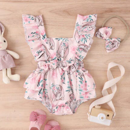 Baby Summer Romper Children's Clothing Floral Lotus Leaf Flounced Sleeve Printed Skirt - Image 2
