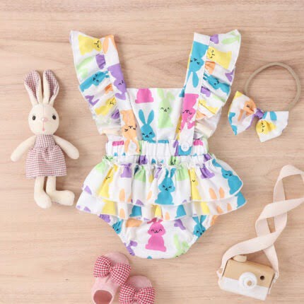 Baby Summer Romper Children's Clothing Floral Lotus Leaf Flounced Sleeve Printed Skirt - Image 3