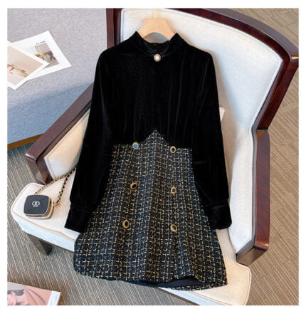 Retro Temperament Stand-Up Collar Gold Velvet Long Sleeve Patchwork Receiving Waist Slim Tweed A-Line Dress