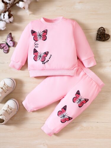 Cross border New Infant and Child Set Butterfly Print Long sleeved Round Neck Sweater+Pants Two Piece Set