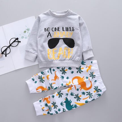 Children's clothing  boys' vacation coconut tree print set round neck sweatshirt children's set - Image 3