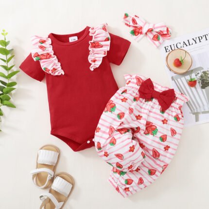Girls' Set Foreign Trade New Infant and Toddler Solid Color Harper + Strawberry Printed Pants Three piece Set - Image 3
