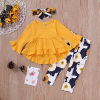 Girls New Foreign Trade Horn Sleeves Solid Color Top+Flower Printed Pants Three-piece Set