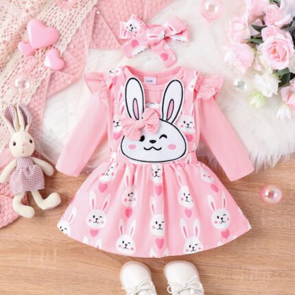 New Infant and Toddler Set with Flying Sleeve Sweetheart and Cartoon Print Backband Skirt Set of Two - Image 2