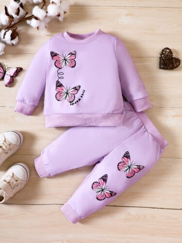 Cross border New Infant and Child Set Butterfly Print Long sleeved Round Neck Sweater+Pants Two Piece Set - Image 2