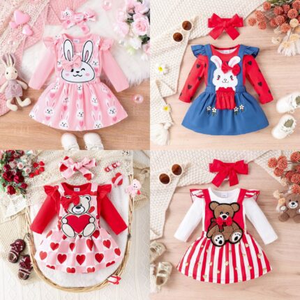 New Infant and Toddler Set with Flying Sleeve Sweetheart and Cartoon Print Backband Skirt Set of Two