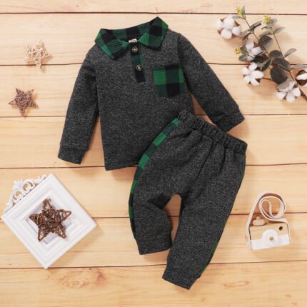 New Boys' Casual Set with Multi color Embroidered Checker Panel Long Sleeved Dark Grey Plush Lapel Two piece Set