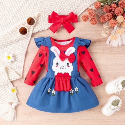New Infant and Toddler Set with Flying Sleeve Sweetheart and Cartoon Print Backband Skirt Set of Two - Image 5