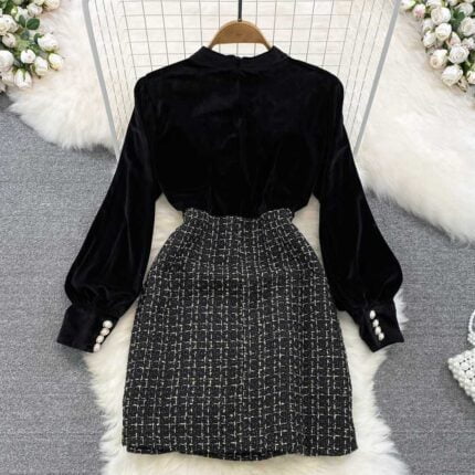 Retro Temperament Stand-Up Collar Gold Velvet Long Sleeve Patchwork Receiving Waist Slim Tweed A-Line Dress - Image 2