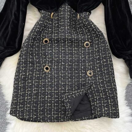 Retro Temperament Stand-Up Collar Gold Velvet Long Sleeve Patchwork Receiving Waist Slim Tweed A-Line Dress - Image 4