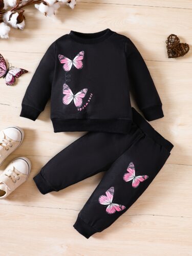 Cross border New Infant and Child Set Butterfly Print Long sleeved Round Neck Sweater+Pants Two Piece Set - Image 3