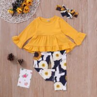 Girls New Foreign Trade Horn Sleeves Solid Color Top+Flower Printed Pants Three-piece Set - Image 2