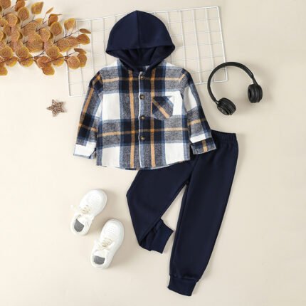 Children's plaid shirts, children's foreign style, hooded shirts, jackets, handsome children's baby casual suits, tide - Image 2