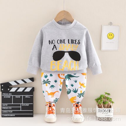 Children's clothing  boys' vacation coconut tree print set round neck sweatshirt children's set