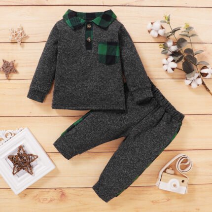 New Boys' Casual Set with Multi color Embroidered Checker Panel Long Sleeved Dark Grey Plush Lapel Two piece Set - Image 2