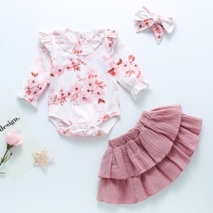 Cross border new peach blossom pattern triangle jumpsuit+peach pleated skirt+headwear three piece set - Image 2