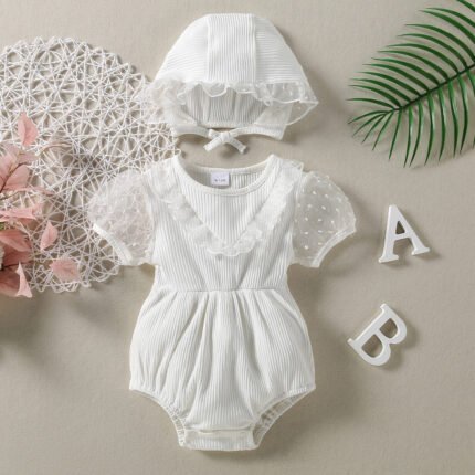 Cross border new girl baby white lace triangle sweater+hat two-piece set