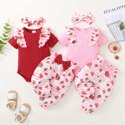 Girls' Set Foreign Trade New Infant and Toddler Solid Color Harper + Strawberry Printed Pants Three piece Set