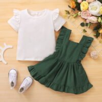 Girls Foreign Trade Girl Baby Solid Color Short sleeved Top + Suspended Dress Two Piece Set