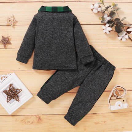 New Boys' Casual Set with Multi color Embroidered Checker Panel Long Sleeved Dark Grey Plush Lapel Two piece Set - Image 3