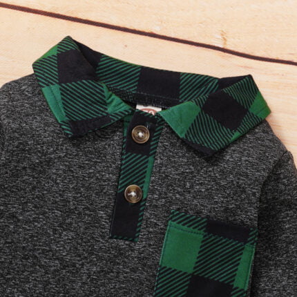 New Boys' Casual Set with Multi color Embroidered Checker Panel Long Sleeved Dark Grey Plush Lapel Two piece Set - Image 8