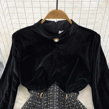 Retro Temperament Stand-Up Collar Gold Velvet Long Sleeve Patchwork Receiving Waist Slim Tweed A-Line Dress - Image 3