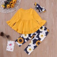 Girls New Foreign Trade Horn Sleeves Solid Color Top+Flower Printed Pants Three-piece Set - Image 6