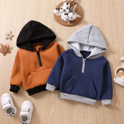 New baby boy patchwork color hooded long sleeved hoodie