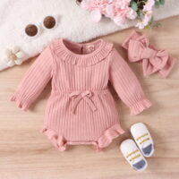 New Children's Clothing Baby Long Sleeve Sunken Stripe Romper Headscarf Female Baby Autumn And Winter Jumpsuit - Image 4