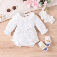 New Children's Clothing Baby Long Sleeve Sunken Stripe Romper Headscarf Female Baby Autumn And Winter Jumpsuit - Image 3