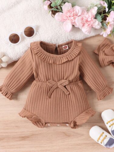 New Children's Clothing Baby Long Sleeve Sunken Stripe Romper Headscarf Female Baby Autumn And Winter Jumpsuit - Image 2
