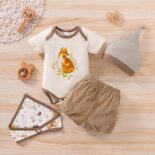 Baby Cartoon Fox Print Romper Solid Striped Hat &Bib Set