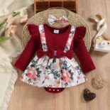 Ruffle Longsleeve Faux-two Floral Print Romper & Headband Set