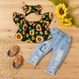 3-piece Sunflower Print Short-sleeve Top And Jeans Set