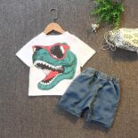 Boy Denim Shorts Letter Dinosaur Print Tee Set