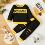 Boy Letter Print Black Long Sleeve Sweatshirt & Ripped Set