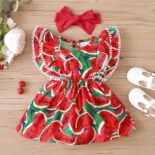 Girl Watermelon Print Sleeveless Ruffle Dress & Headband Set